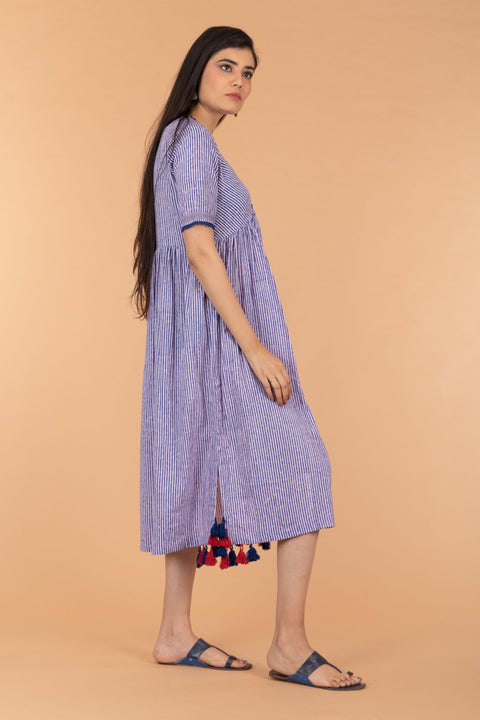 Order Pinstripe Cotton Empire Line Dress in Blue & Lilac Hand Block Print | Vinusto