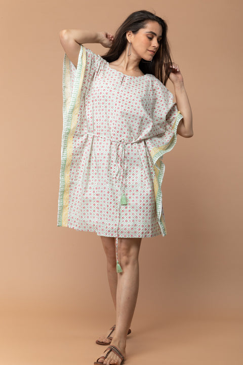 Shop Off-White Kaftan Dress in Cotton Hand Block Print | Vinusto