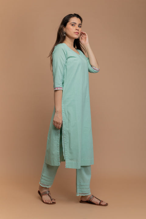 Order Mint Green Cotton Kurta & Pants with White Dupatta (Set of 3) - By Vinusto