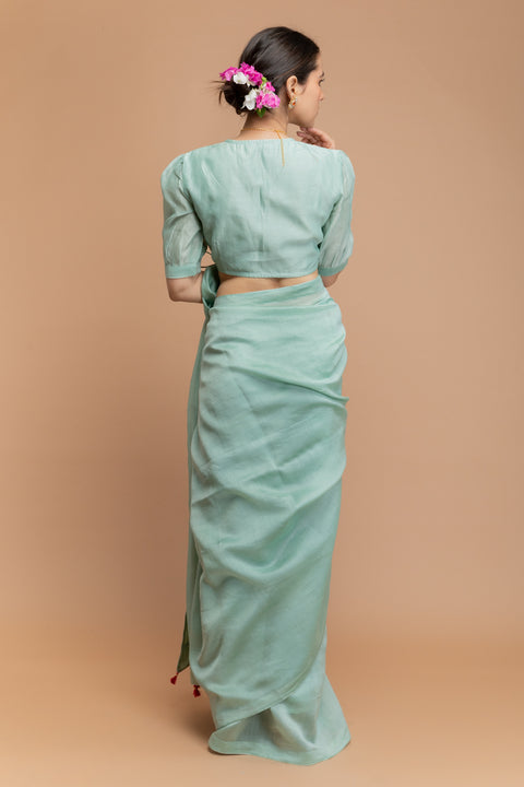 Premium Wrap Around Blouse with Dori in Mint Green Chanderi Handloom | Vinusto