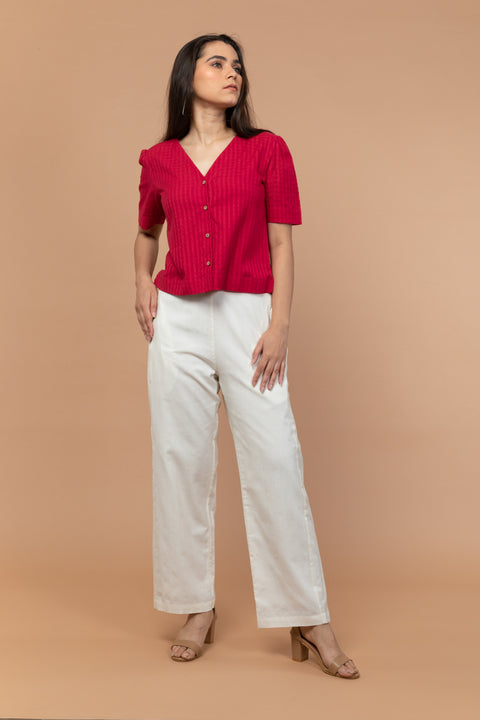 Crop Shirt with Puff Sleeve in Hot Pink Textured Cotton Dobby