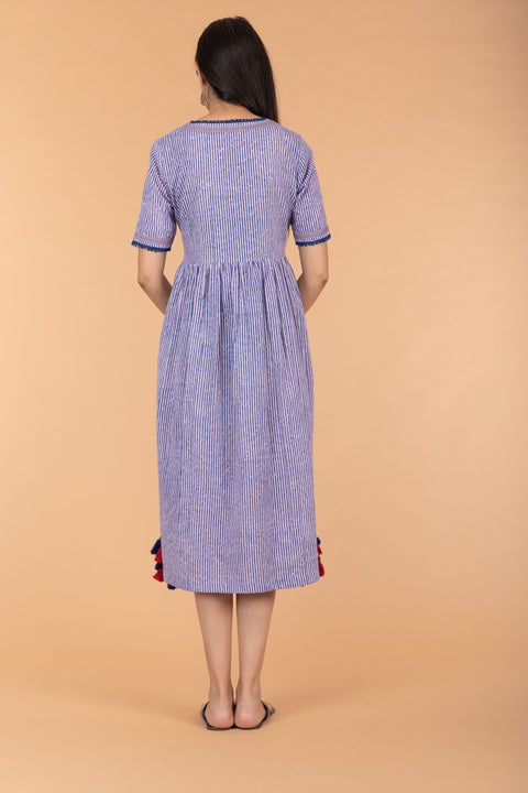 Premium Pinstripe Cotton Empire Line Dress in Blue & Lilac Hand Block Print | Vinusto
