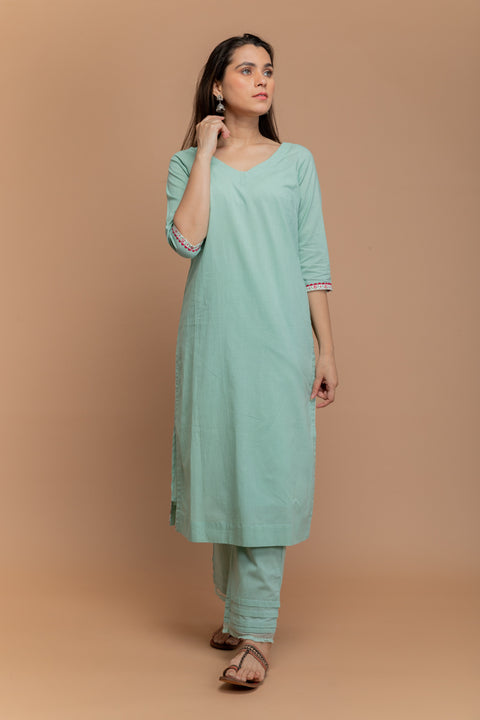 Buy Mint Green Cotton Kurta & Pants with White Dupatta (Set of 3) - By Vinusto