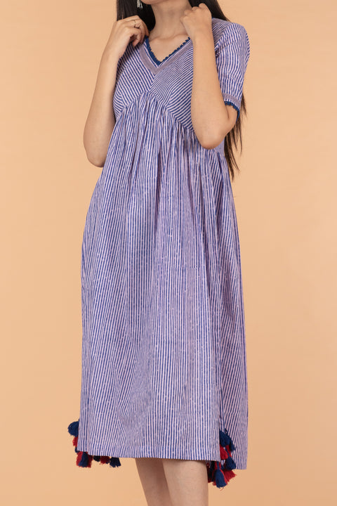 Luxury Pinstripe Cotton Empire Line Dress in Blue & Lilac Hand Block Print | Vinusto