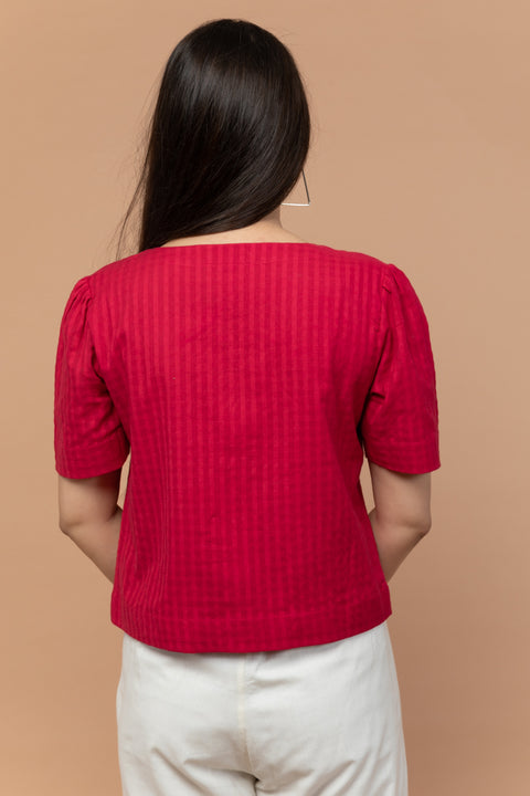Crop Shirt with Puff Sleeve in Hot Pink Textured Cotton Dobby