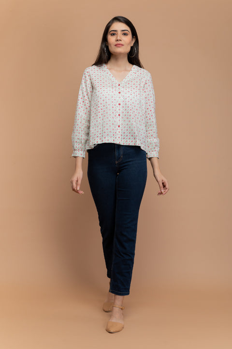 Shop Off-White Cotton Shirt in Hand Block Print | Vinusto