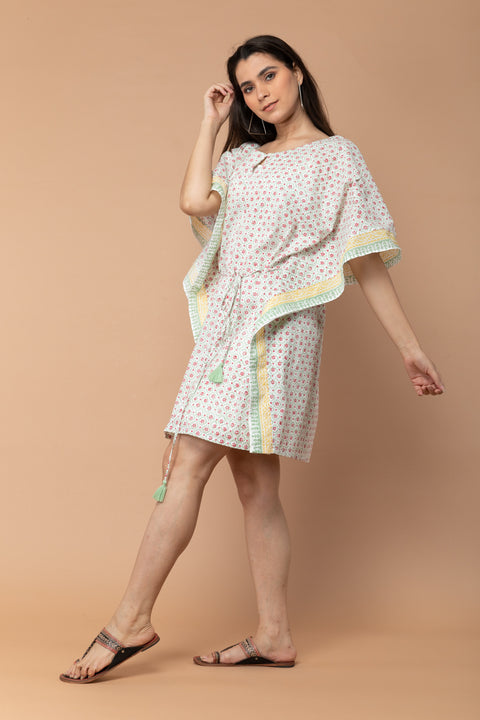 Luxury Off-White Kaftan Dress in Cotton Hand Block Print | Vinusto