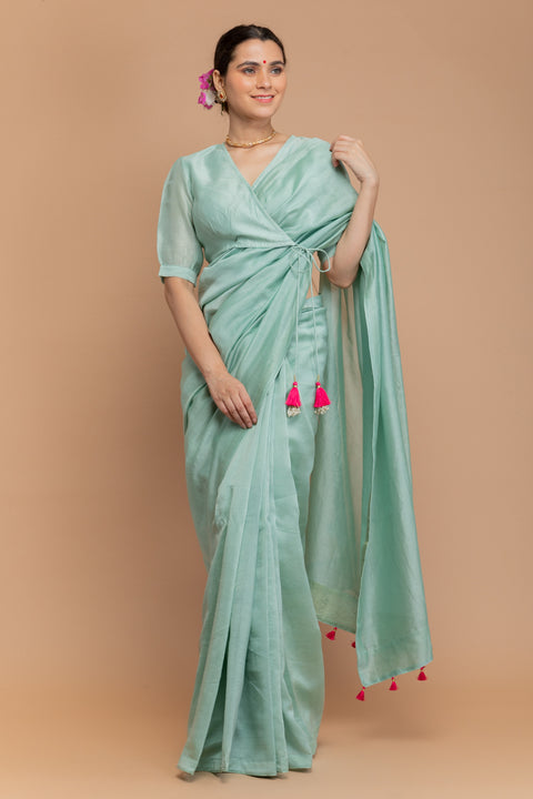 Shop Chanderi Handloom Saree in Mint Green with Tissue Facing & Pink Tassels

