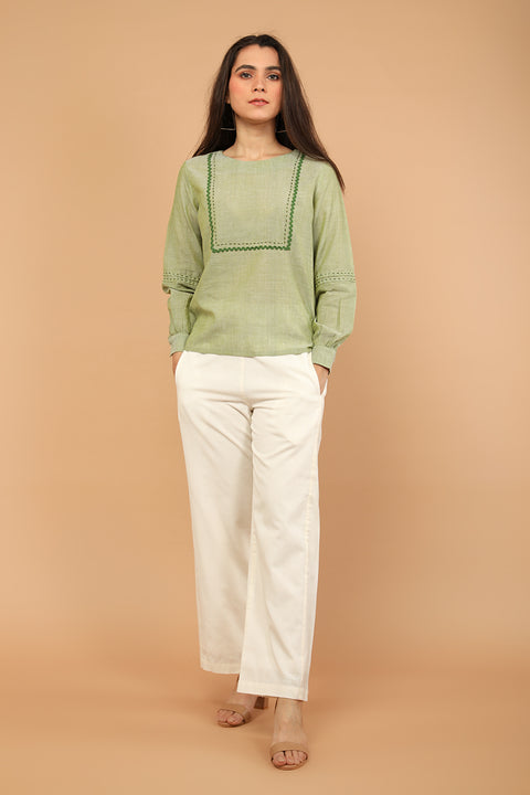 Shop Apple Green Top with Off-White Handloom Cotton Trousers from Sambalpur (Set of 2) | Vinusto