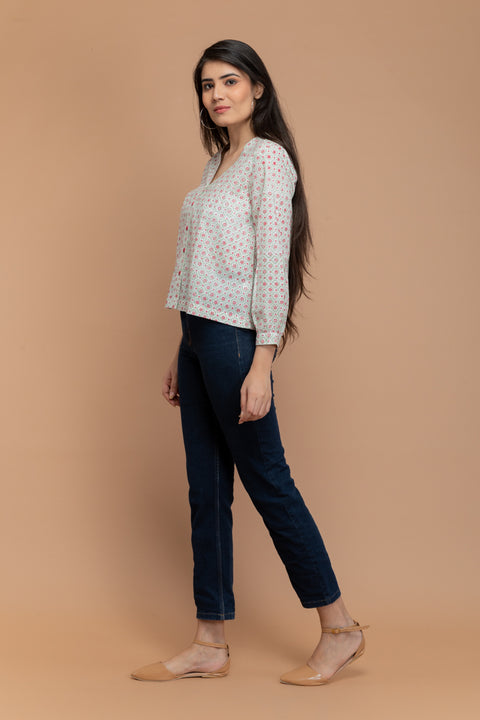 Luxury Off-White Cotton Shirt in Hand Block Print | Vinusto