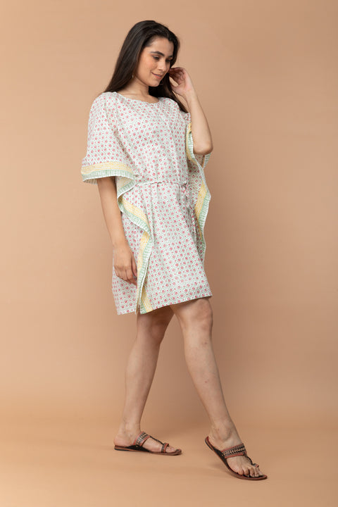 Premium Off-White Kaftan Dress in Cotton Hand Block Print | Vinusto