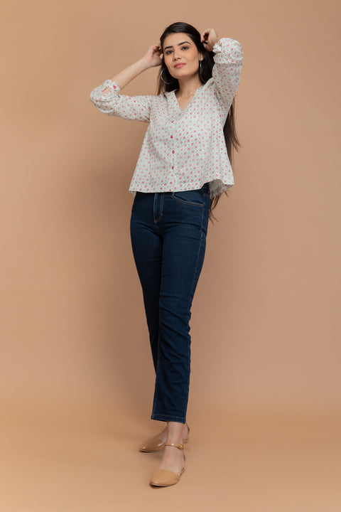 Buy Off-White Cotton Shirt in Hand Block Print | Vinusto
