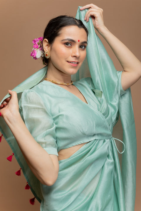 Premium Chanderi Handloom Saree in Mint Green with Tissue Facing & Pink Tassels

