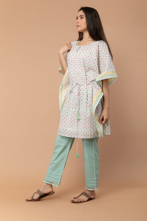 Luxury Hand-Block Printed Kaftan with Mint Green Cotton Pants | Vinusto

