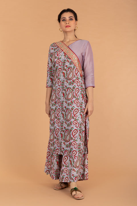 Order Slant Neck Kurta & Palazzo in Lilac Hand Block Printed Cotton, Chanderi Dupatta in Red (Set Of 3) - By Vinusto 