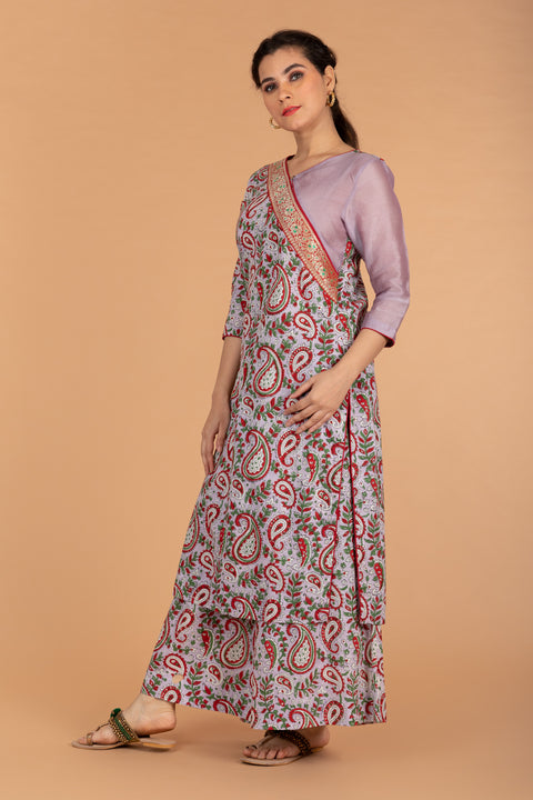 Premium Slant Neck Kurta & Palazzo in Lilac Hand Block Printed Cotton, Chanderi Dupatta in Red (Set Of 3) - By Vinusto 