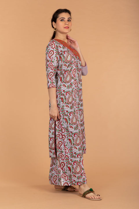 Luxury Slant Neck Kurta & Palazzo in Lilac Hand Block Printed Cotton, Chanderi Dupatta in Red (Set Of 3) - By Vinusto 