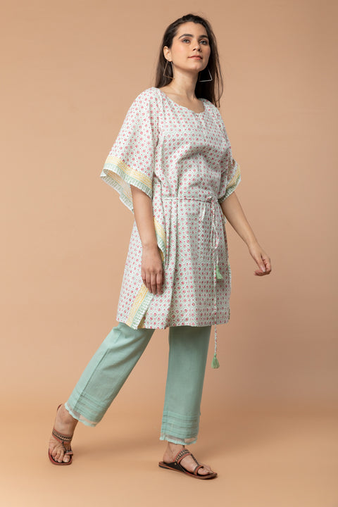 Premium Hand-Block Printed Kaftan with Mint Green Cotton Pants | Vinusto

