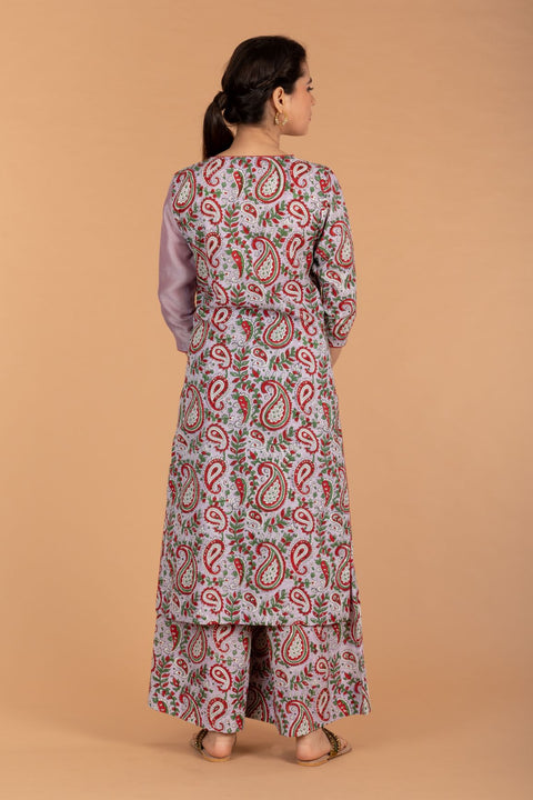 100% Pure Cotton Slant Neck Kurta & Palazzo in Lilac Hand Block Printed Cotton, Chanderi Dupatta in Red (Set Of 3) - By Vinusto 