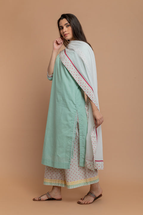 Order Mint Green Cotton Kurta with Hand Block Printed Palazzzo & White Dupatta (Set of 3) - By Vinusto
