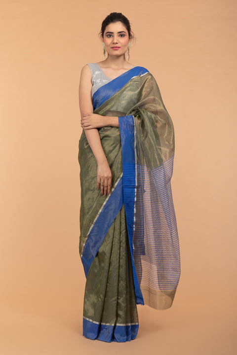 Shop Metallic Khaki Green Tissue Saree with Blue Border | Handloom Collection

