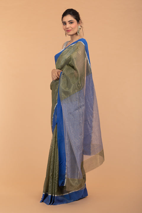 Metallic Khaki Green Tissue Saree With Blue Border  (Handloom)