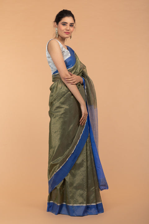Buy Metallic Khaki Green Tissue Saree with Blue Border | Handloom Collection

