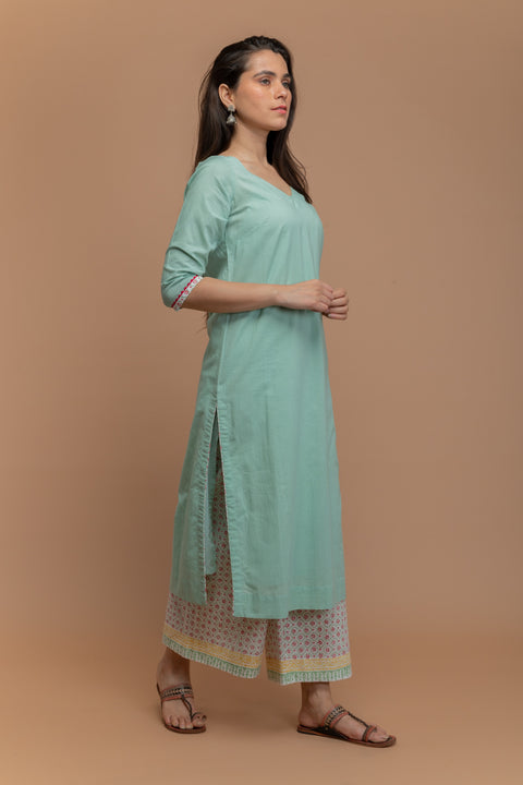 Premium Mint Green Cotton Kurta with Hand Block Printed Palazzzo & White Dupatta (Set of 3) - By Vinusto