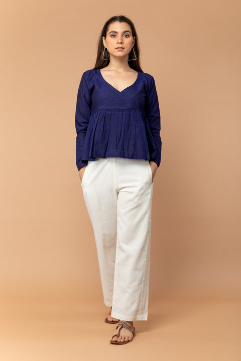 Shop Empire Line Gathered Top in Midnight Blue Handwoven Cotton | Vinusto