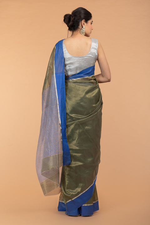 Order Metallic Khaki Green Tissue Saree with Blue Border | Handloom Collection

