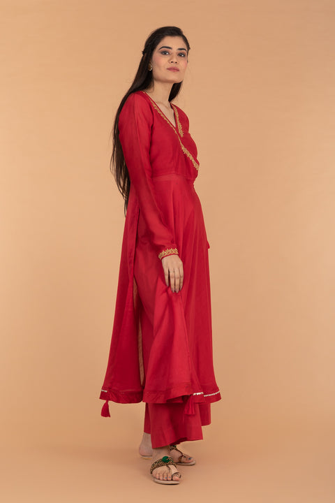 Luxury Embroidered Chanderi Handloom Anarkali with Cotton Palazzo & Chanderi Dupatta - Set of 3 | Vinusto

