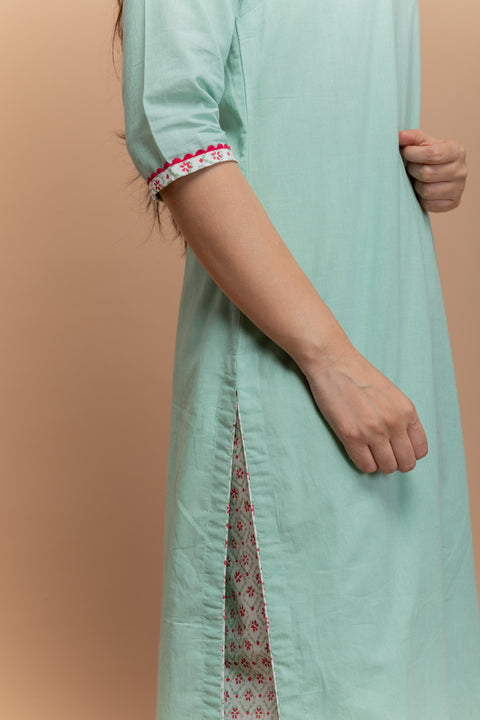 Handcrafted Mint Green Cotton Kurta with Hand Block Printed Palazzzo & White Dupatta (Set of 3) - By Vinusto