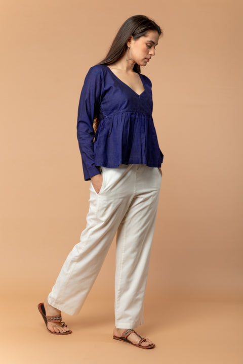 Buy Empire Line Gathered Top in Midnight Blue Handwoven Cotton | Vinusto