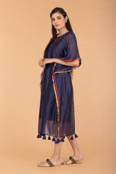 Buy Chanderi Handloom Kaftan with Belt in Navy Blue | Vinusto