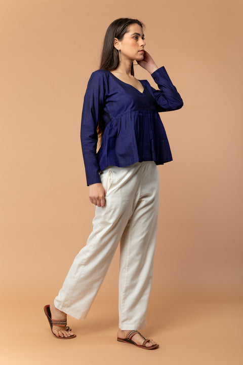 Luxury Empire Line Gathered Top in Midnight Blue Handwoven Cotton | Vinusto