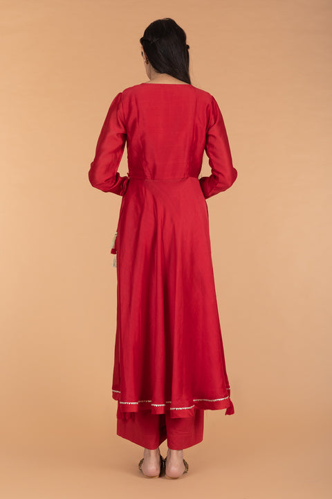 Premium Embroidered Chanderi Handloom Anarkali with Cotton Palazzo in Red - Set of 2

