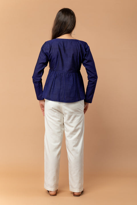 Handcraft Empire Line Gathered Top in Midnight Blue Handwoven Cotton | Vinusto