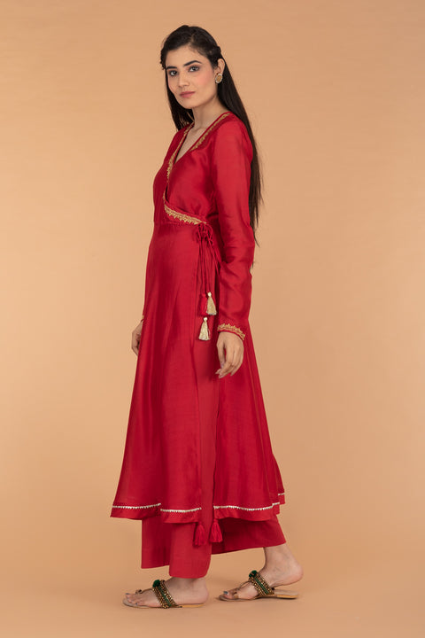 Embroidered Chanderi Handloom Anarkali With Cotton Palazzo in Red (Set Of 2)