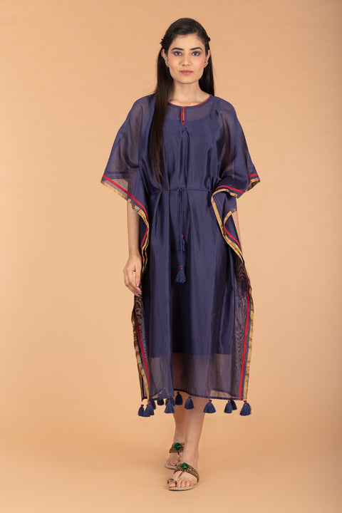 Order Chanderi Handloom Kaftan with Belt in Navy Blue | Vinusto