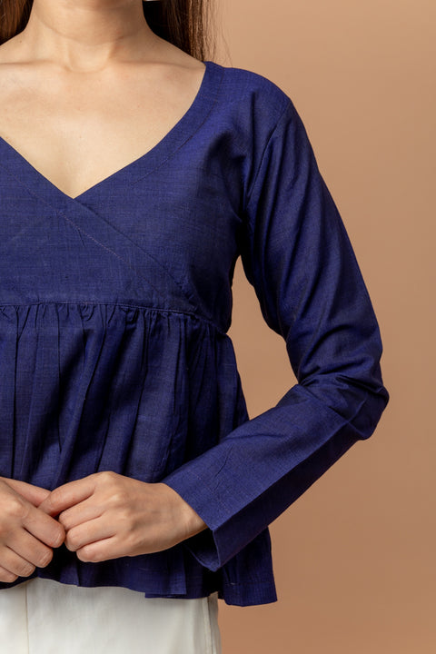 Premium Empire Line Gathered Top in Midnight Blue Handwoven Cotton | Vinusto