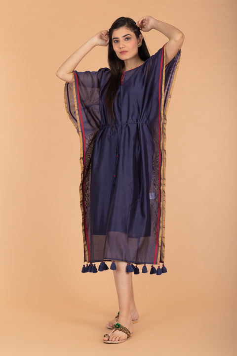 Shop Chanderi Handloom Kaftan with Belt in Navy Blue | Vinusto