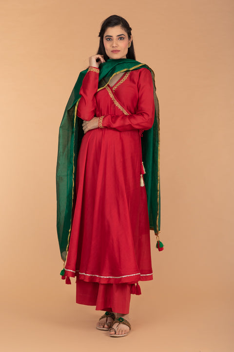 Embroidered Chanderi Handloom Anarkali With Cotton Palazzo in Red, Deep Green Chanderi Dupatta (Set Of 3)