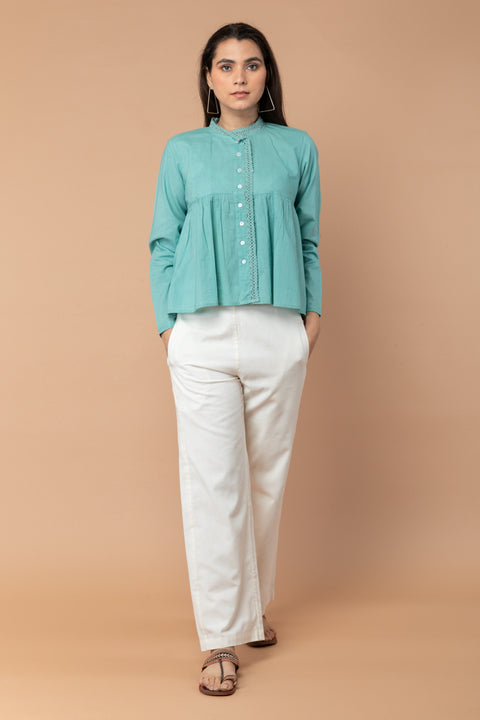 Shop Gathered Top with Lace Trim in Sea Foam Green Cotton | Vinusto