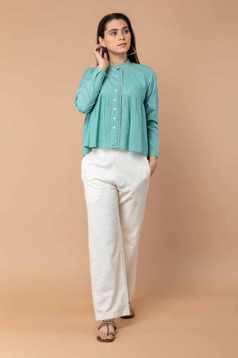 Gathered Top with lace trim in Sea Foam Green Cotton