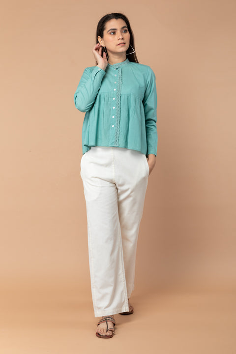 Buy Gathered Top with Lace Trim in Sea Foam Green Cotton | Vinusto