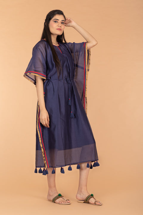 Luxury Chanderi Handloom Kaftan with Belt in Navy Blue | Vinusto