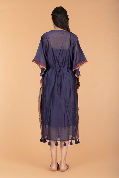 Premium Chanderi Handloom Kaftan with Belt in Navy Blue | Vinusto
