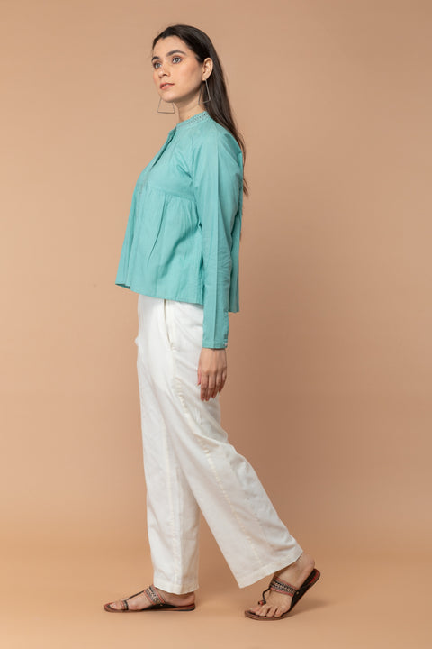 Order Gathered Top with Lace Trim in Sea Foam Green Cotton | Vinusto