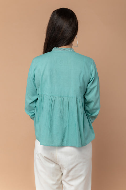 Luxury Gathered Top with Lace Trim in Sea Foam Green Cotton | Vinusto
