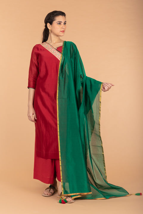 Slant Neck Chanderi Handloom Kurta, Cotton Palazzo in Red With Deep Green Chanderi Dupatta (Set Of 3)